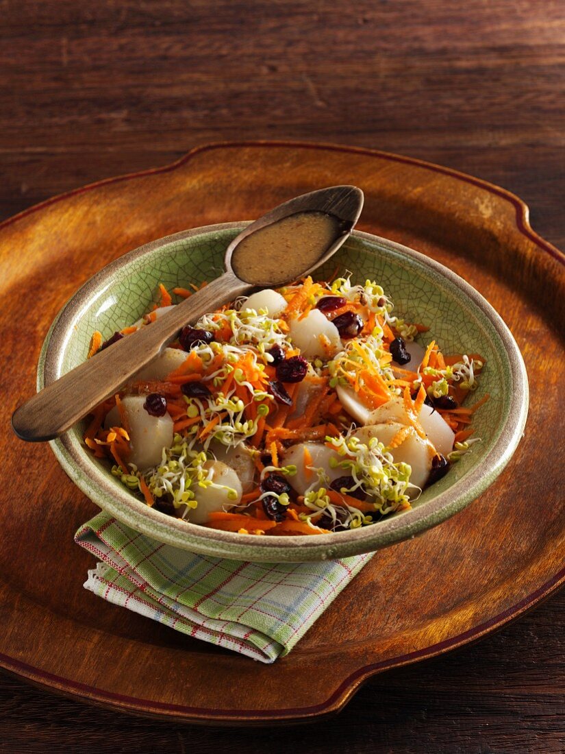 Jerusalem artichoke salad with carrots, cranberries and radish shoots