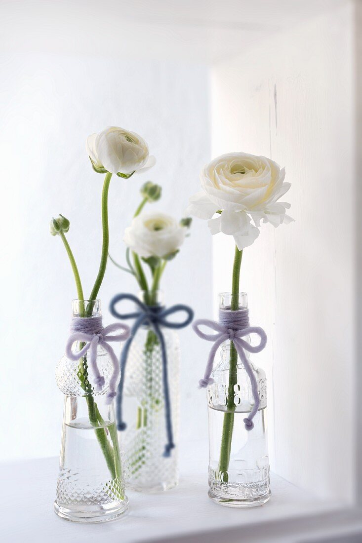 White ranunculus in three vintage-style glass bottles decorated with woollen bows