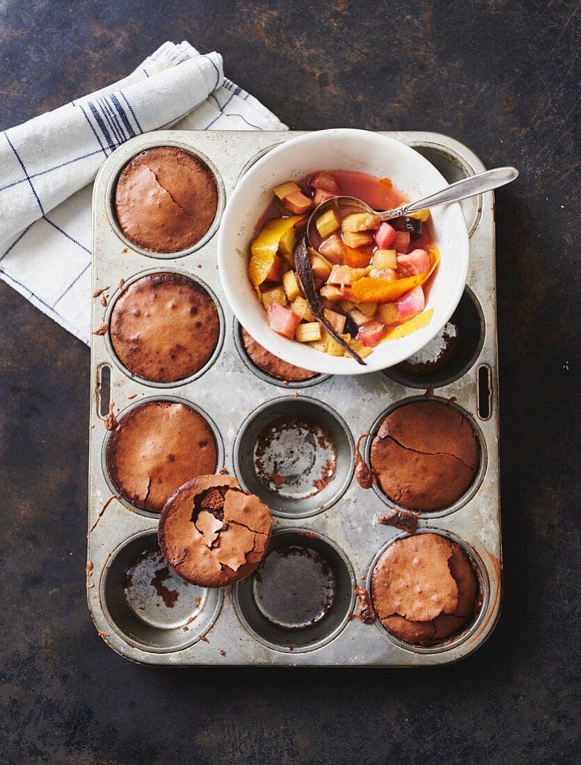 Chocolate muffins with rhubarb compote
