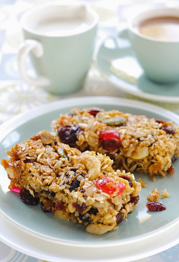 Flapjacks with glace cherries, raisins and nuts