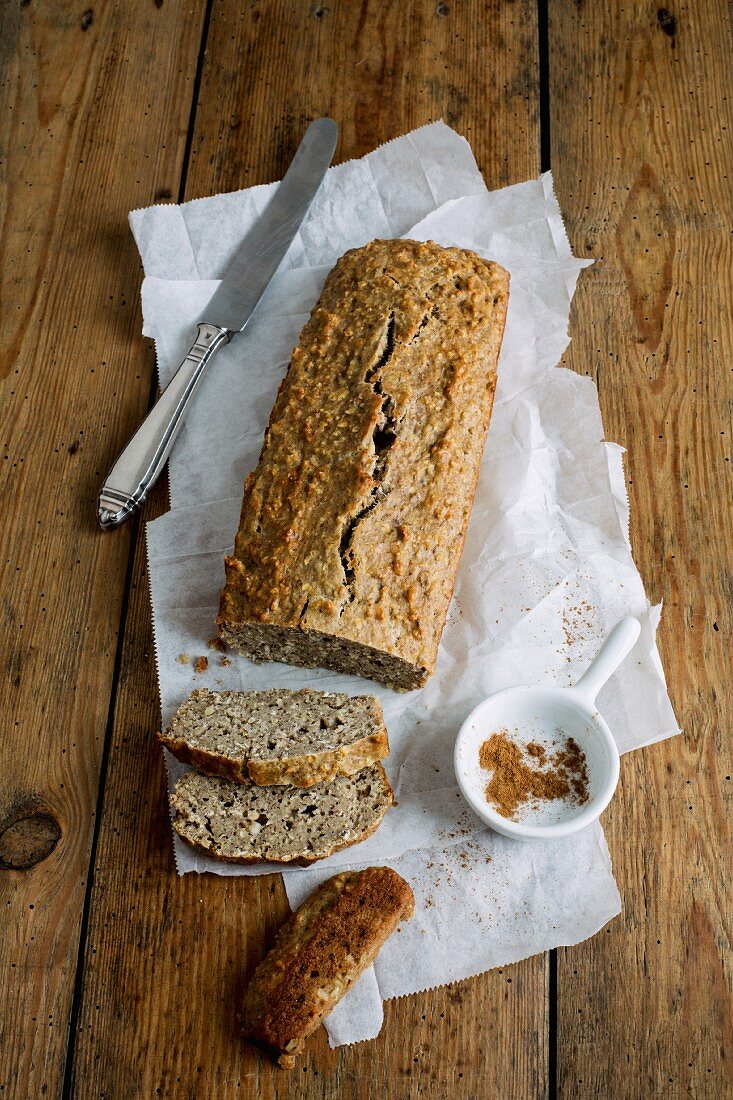 Banana bread with cinnamon, sliced