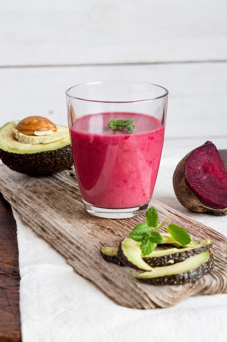 A beetroot smoothie with avocado