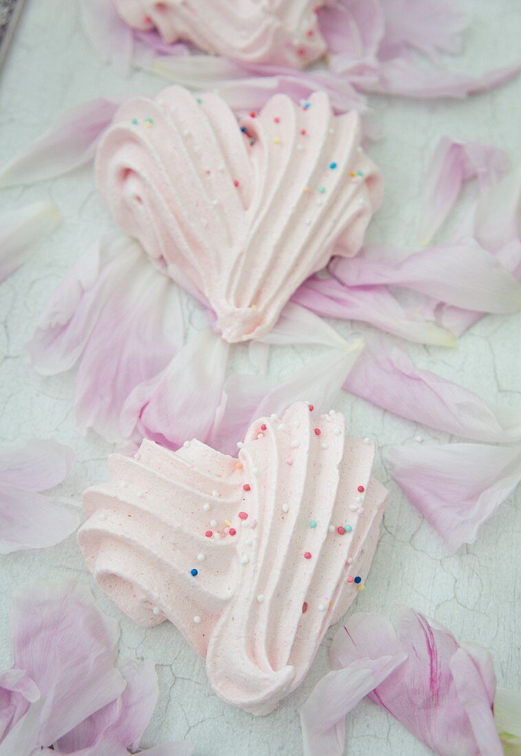 Raspberry meringue hearts with sugar pearls