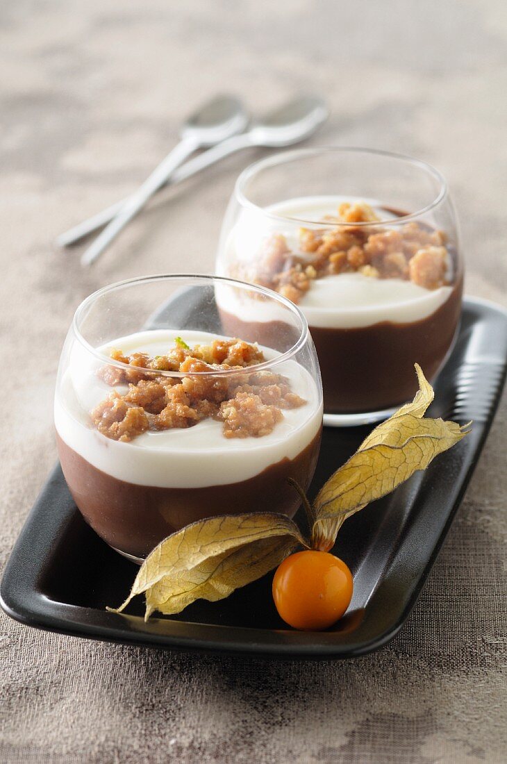 Coffee and chocolate granita with cream and biscuits