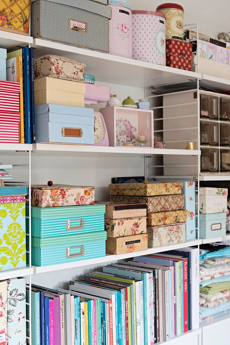 Various storage boxes and books on String shelves