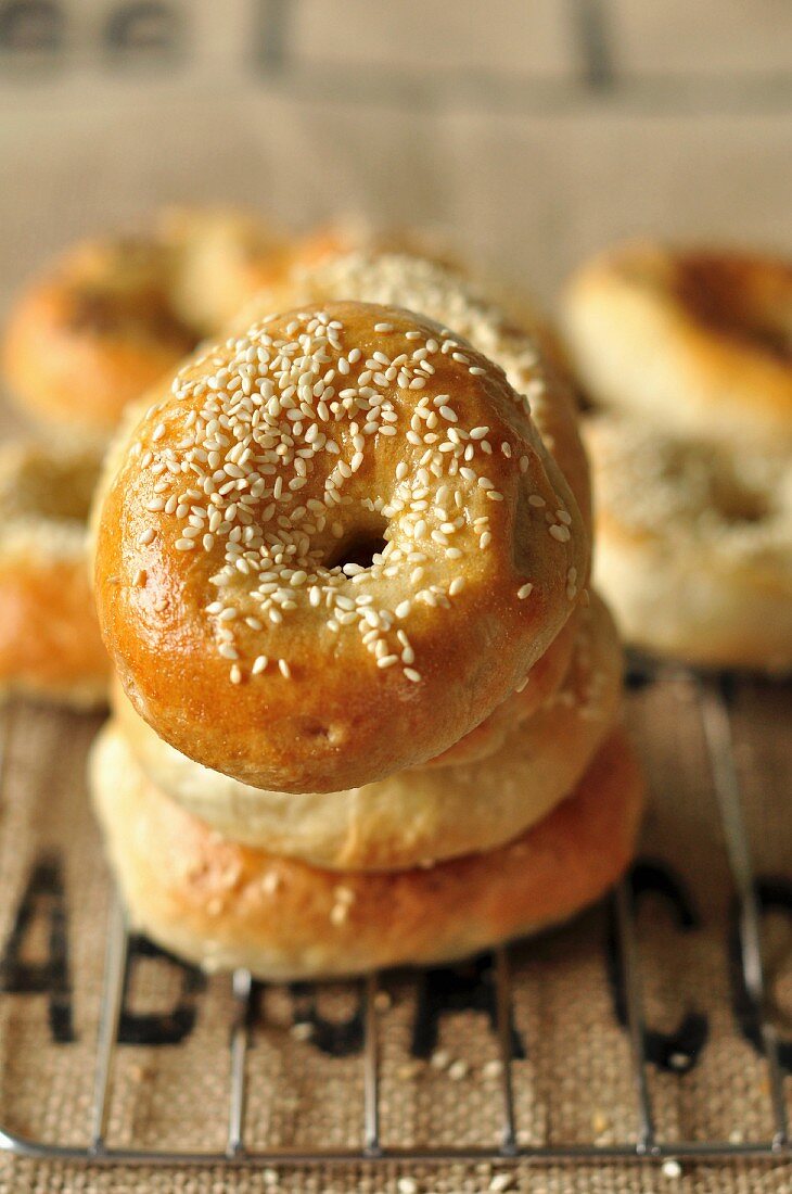 A stack of sesame seed bagels