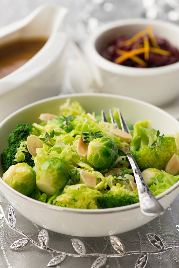 A Brussels sprouts and broccoli medley with flaked almonds