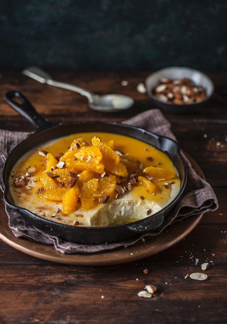 Baked yoghurt with oranges and almonds