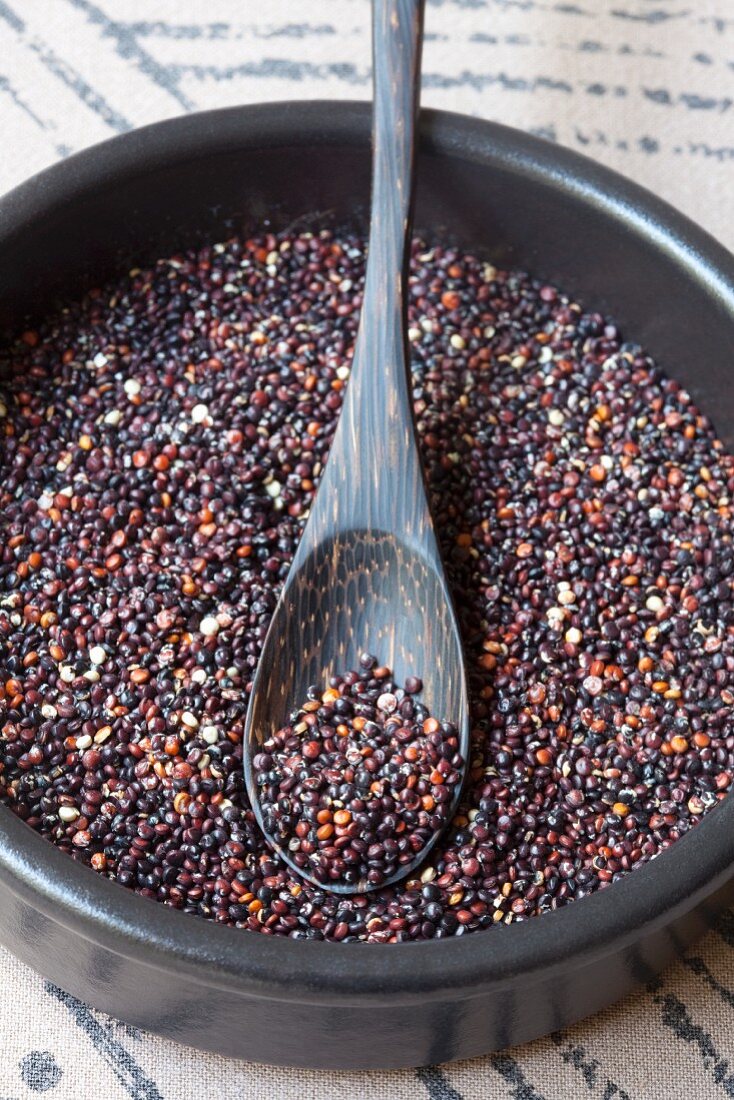 Schwarzer Quinoa in Schüssel mit Holzlöffel