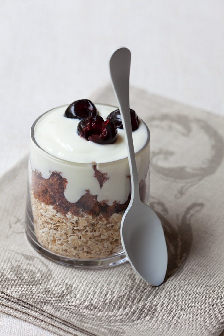Yoghurt muesli with oats, chocolate and cherries