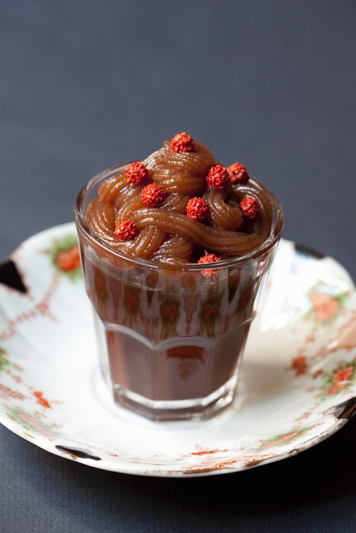 Mousse au chocolat with chestnut cream in a glass