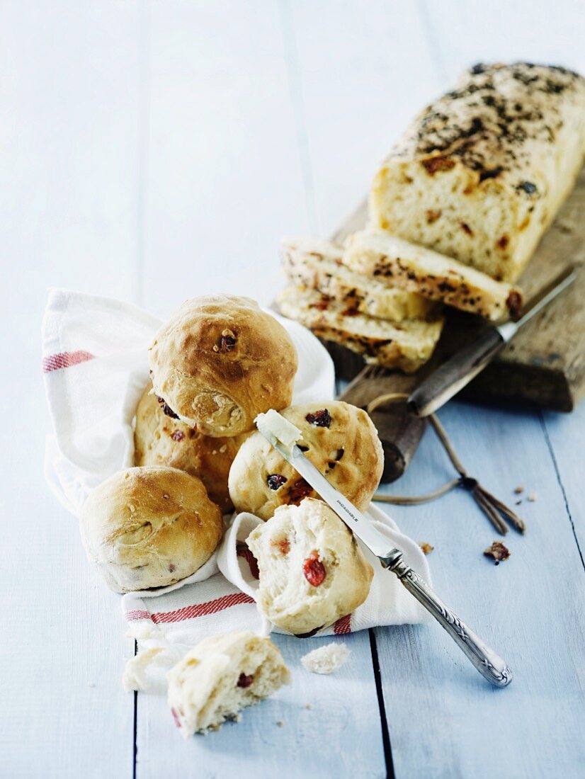 Bread made with dried tomatoes, and rolls made with dried cranberries