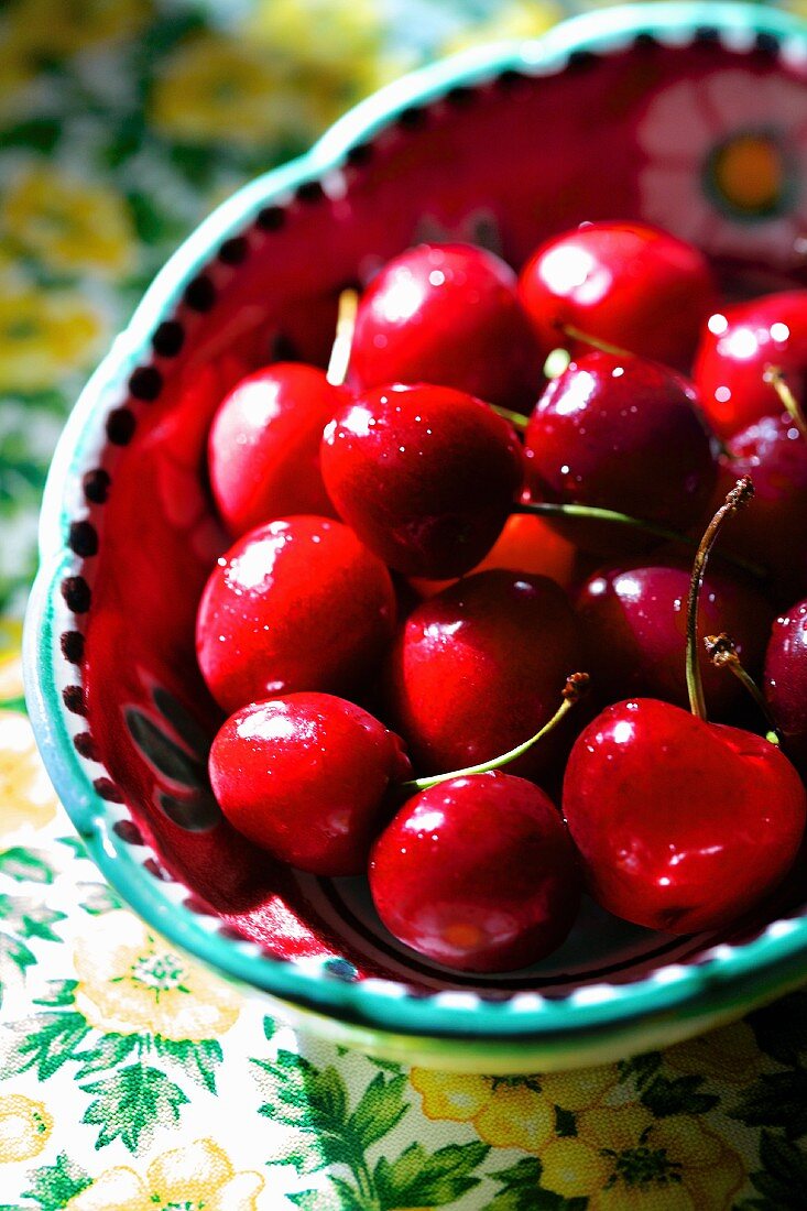 Bright red cherries in a colourful ceramic bowl