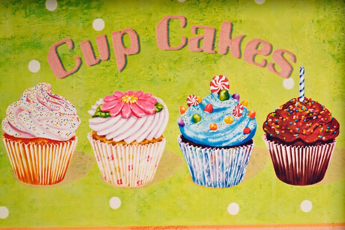 Cupcakes painted on a metal sign