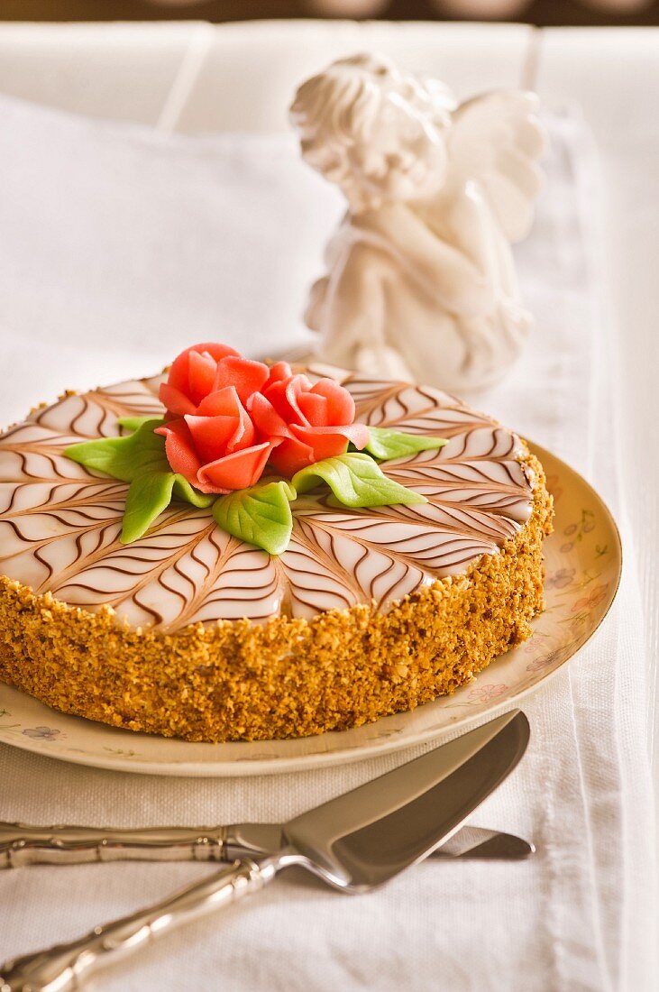 Esterhazytorte decorated with marzipan roses