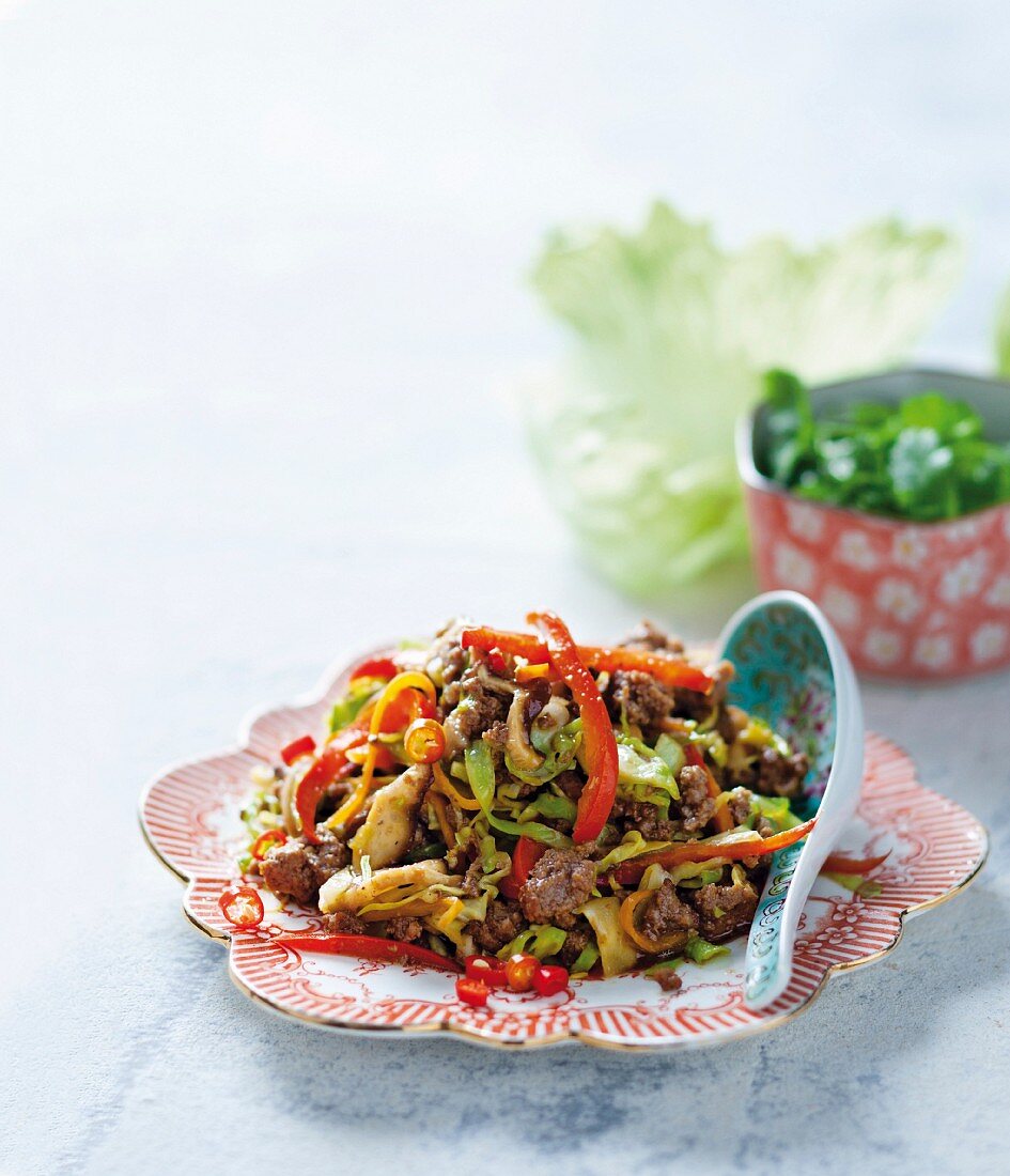 Mongolian minced beef stir-fry with vegetables