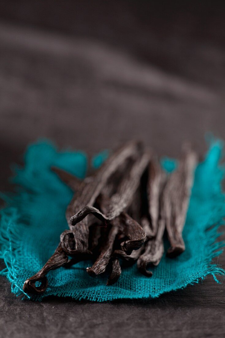 Vanilla pods on a piece of turquoise fabric