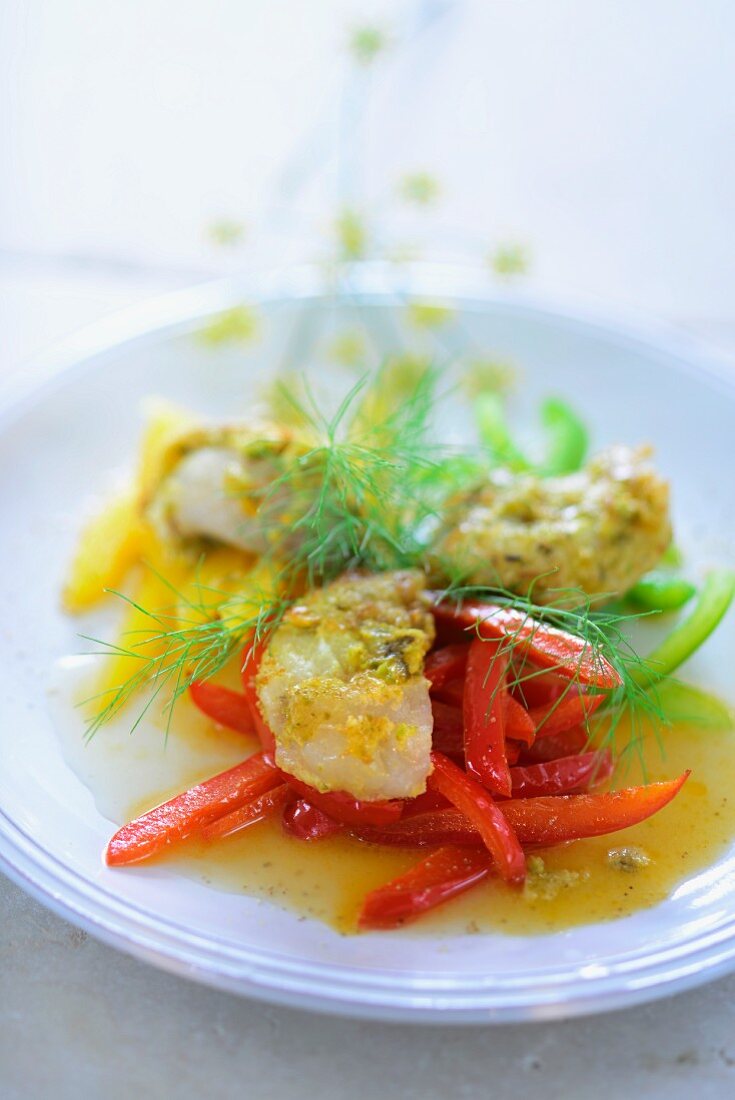 Monk fish with a fennel sauce on a pepper medley