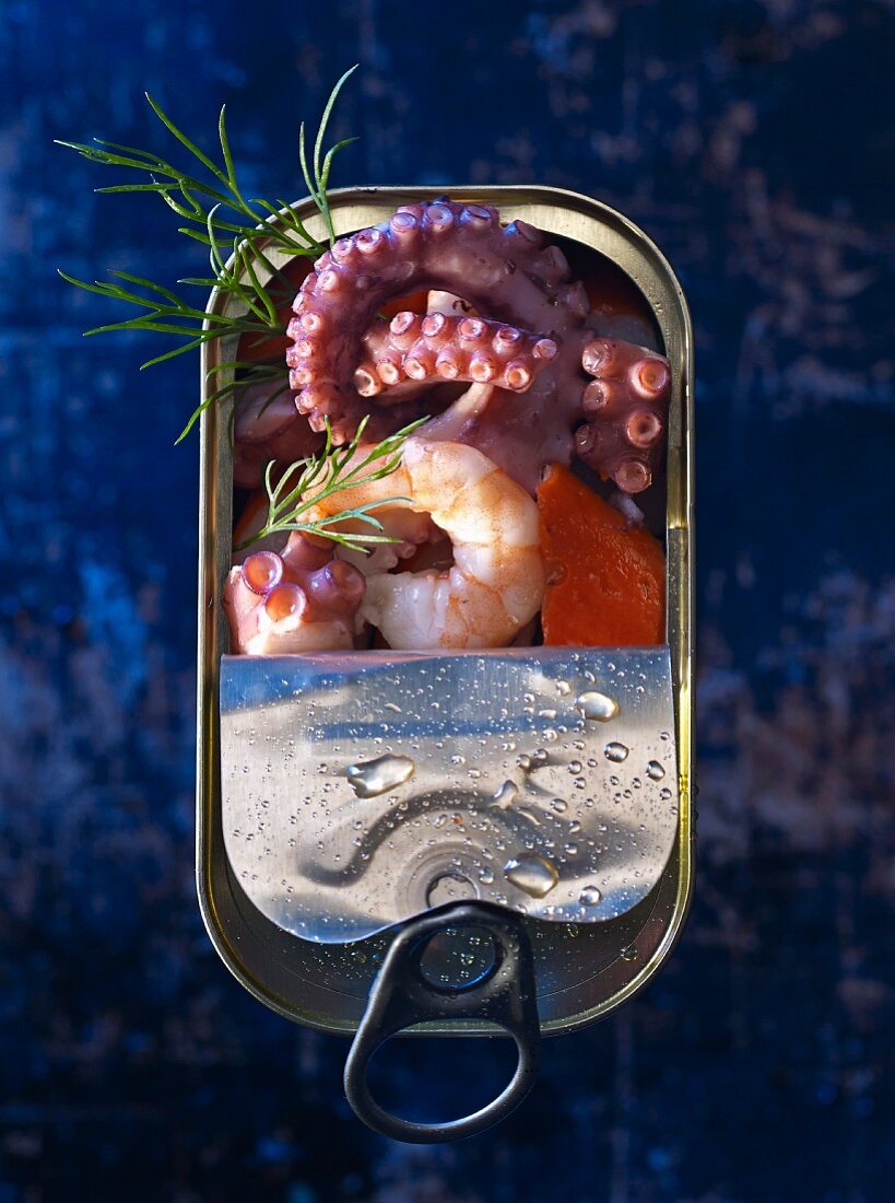 Seafood (squid, king prawns and surimi) in a tin with dill (seen from above)