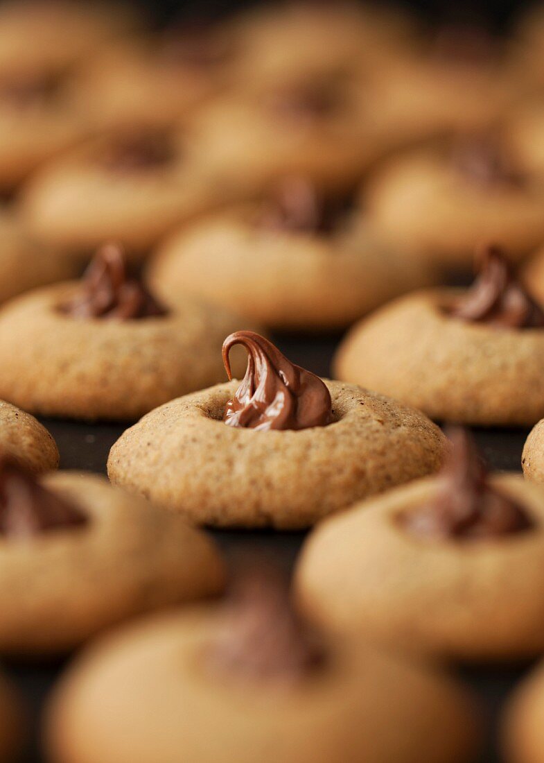 Espresso and hazelnut biscuits decorated with chocolate spread (close-up)