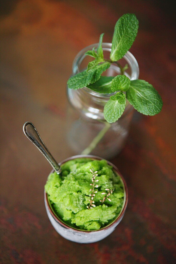 Pea & rosemary sorbet with fresh mint