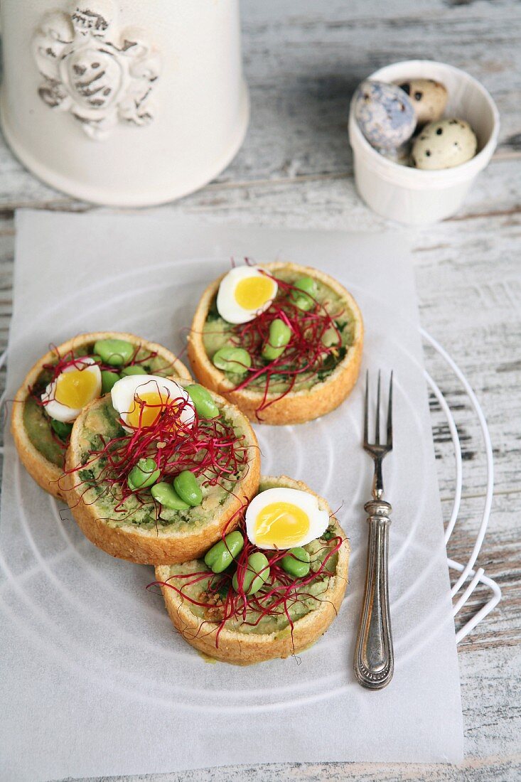 Small savory cakes with bean sprouts, quail eggs and red bean sprouts