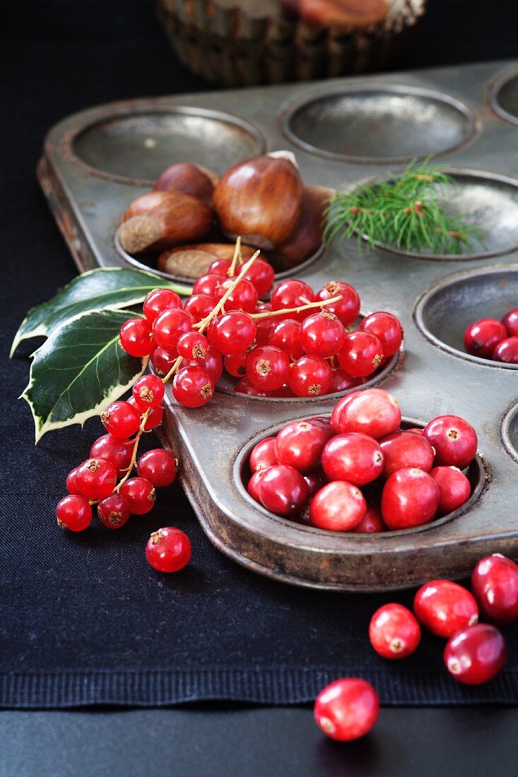 Cranberries, Johannisbeeren und Kastanien in einer alten Backform