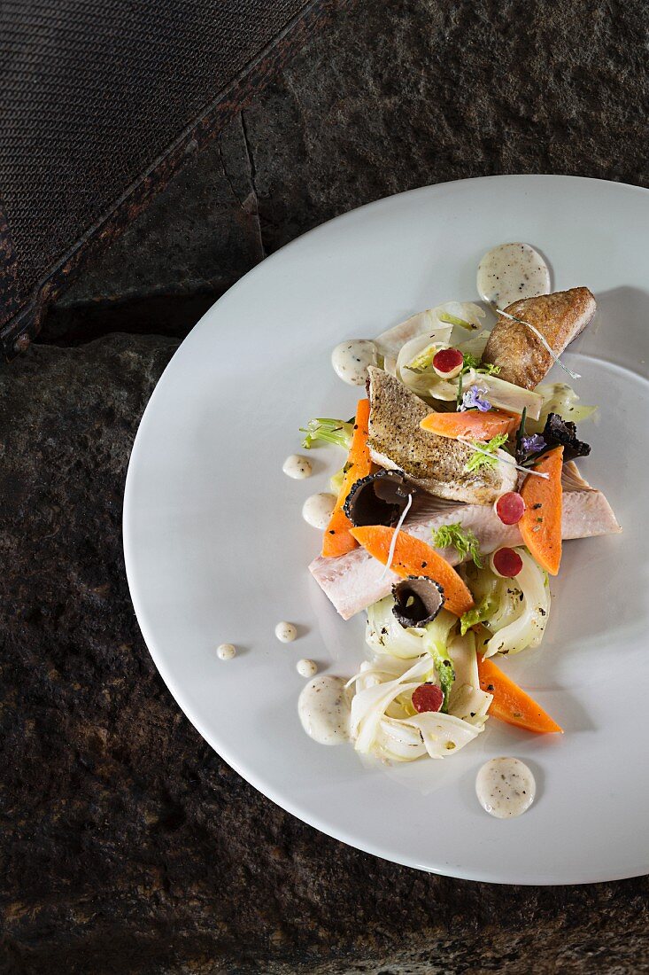 Duo of freshwater fish from the L'Auberge de l'Union, Yverdon-les-Bains on Lake Neuchâtel, Switzerland