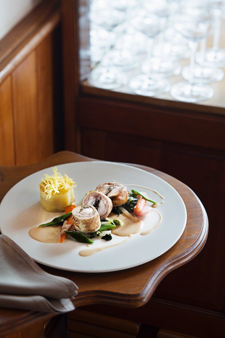 Saddle of rabbit filled with morel mushrooms from the La Vieille Auberge on Lake Neuchâtel, Switzerland