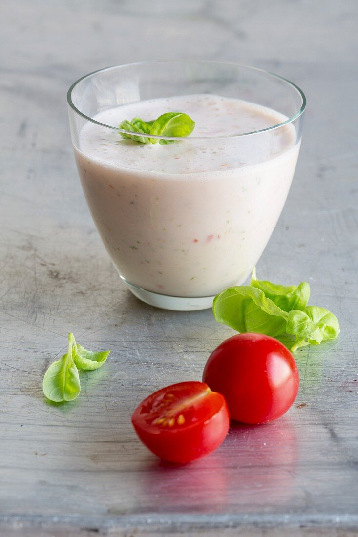 Buttermilk and tomato shake with fresh basil