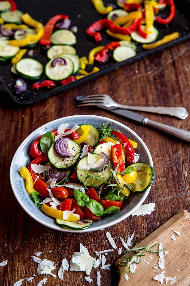 Ratatouille salad with herbs and Parmesan cheese