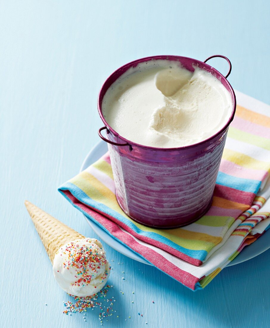 Vanilla ice cream in a metal pot