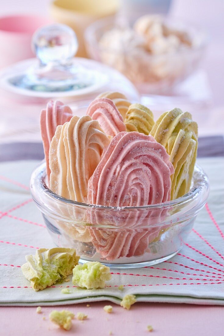 Meringue whirls in a glass bowl