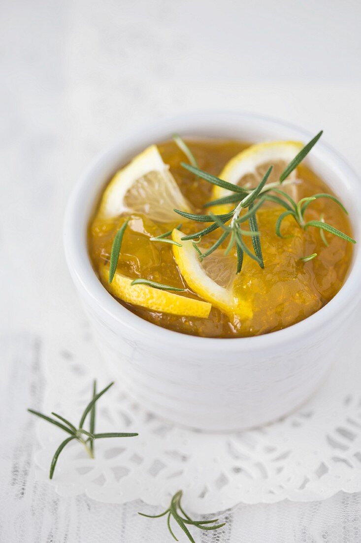 A bowl of lemon and rosemary marmalade