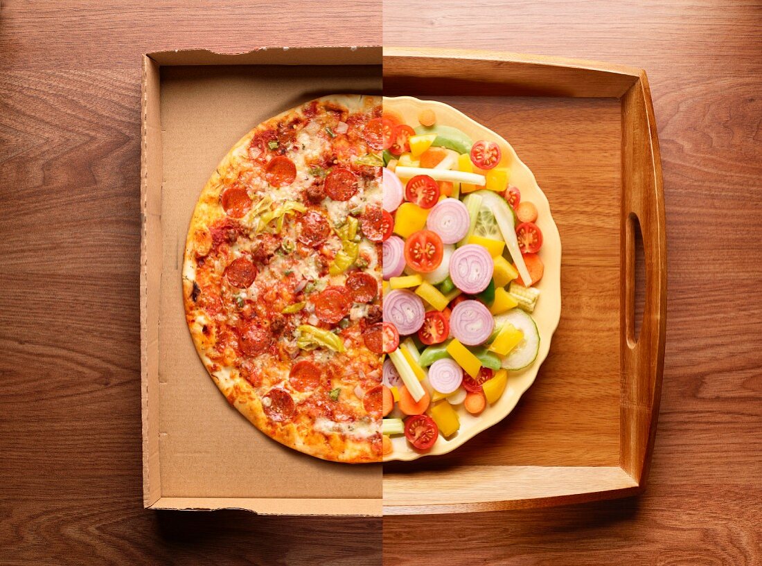 Half a pizza and half a plate of vegetables (photo collage)