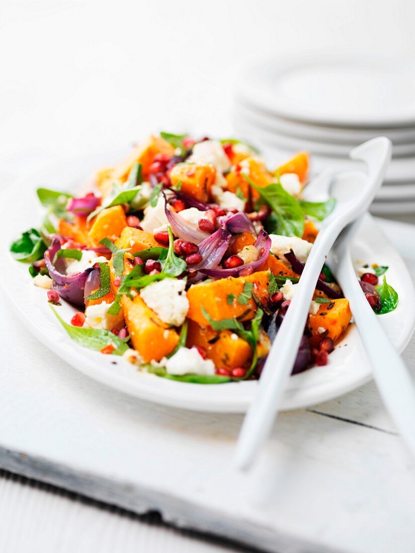 A salad with pumpkin, feta cheese, red onions, pomegranate seeds and mixed leaf salad