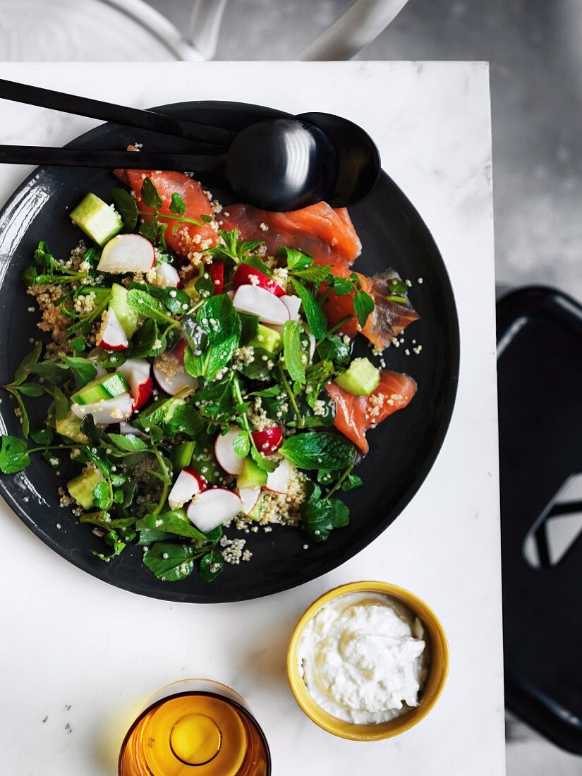 Cucumber and quiona salad with ocean trout and yoghurt