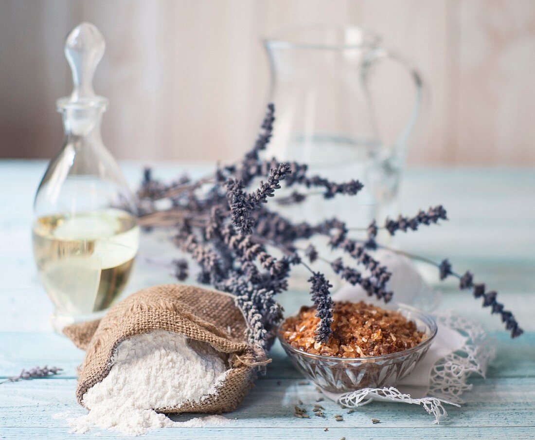 Lavender flowers, oil, flour and sugar