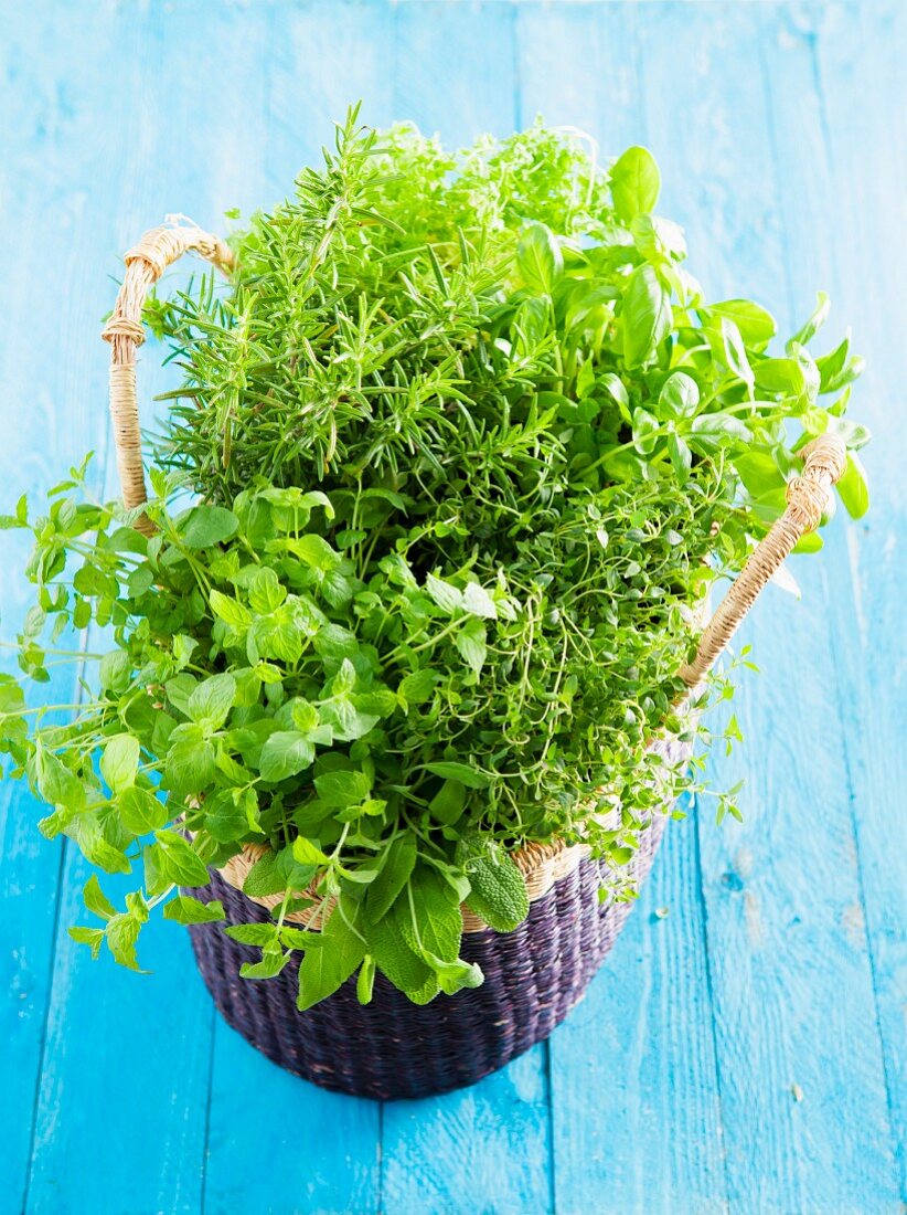 A basket of herbs with thyme, mint, chervil and rosemary