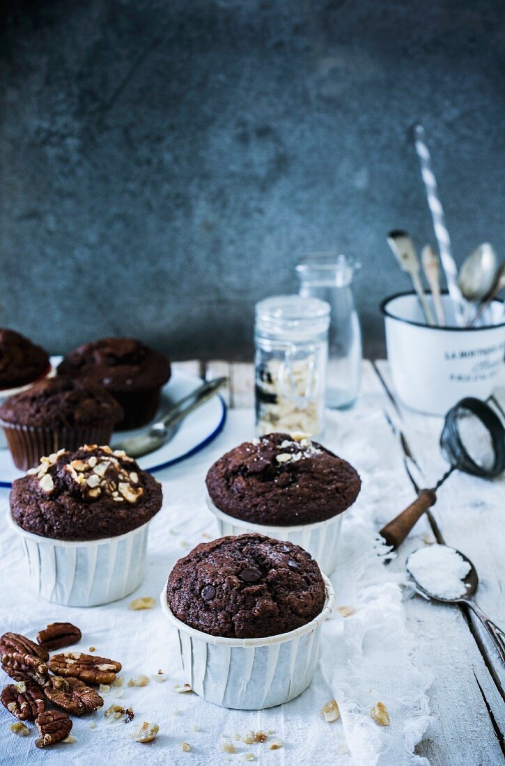 Gluten-free chocolate muffins with pecan nuts