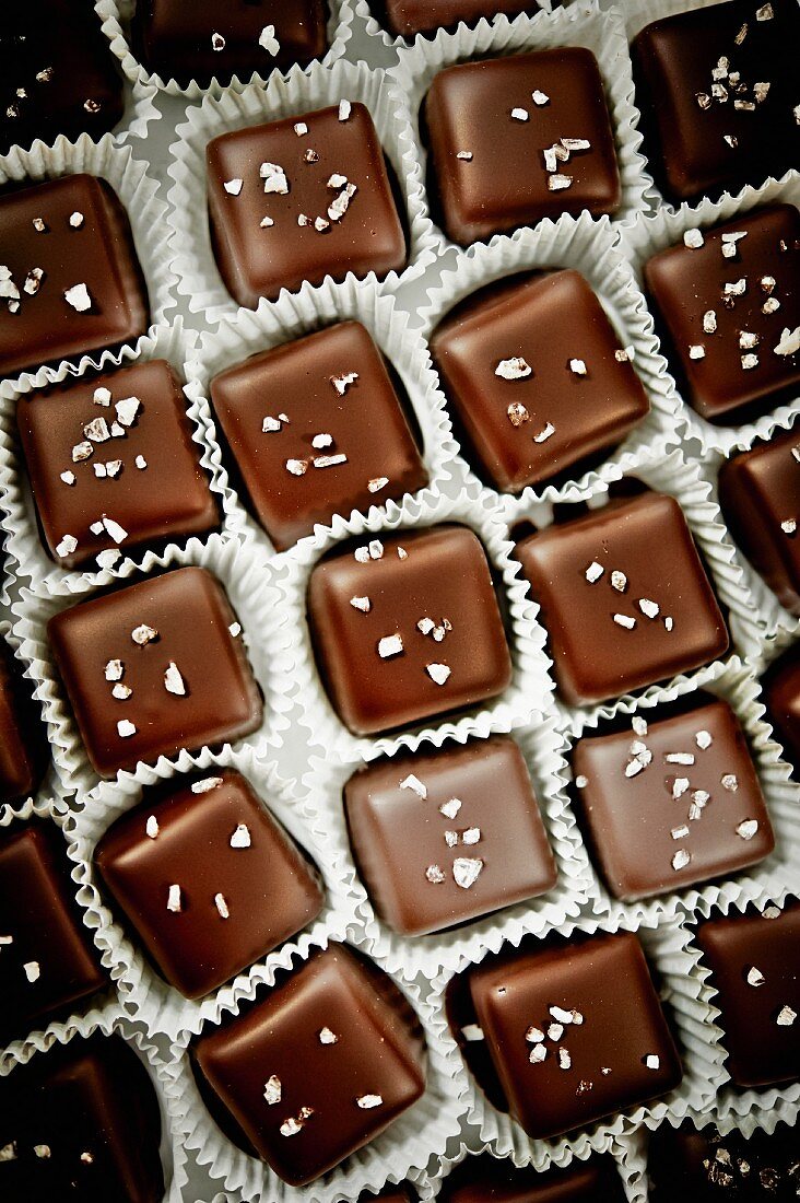 Chocolate-coated caramel sweets with sea salt in paper cases