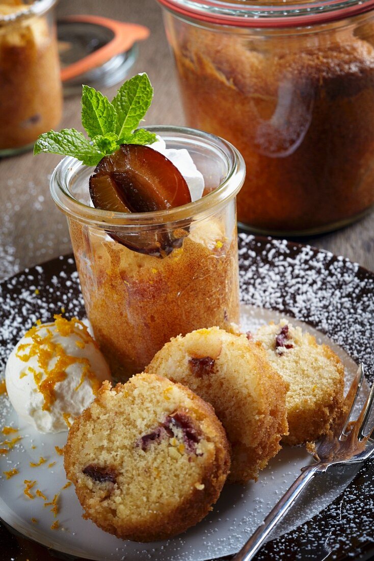 Marzipan cake with plums baked in a glass
