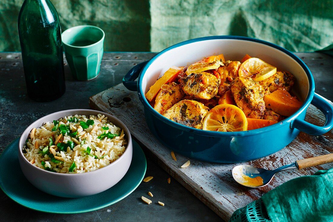 Chicken tagine with pumpkin and almond pilau