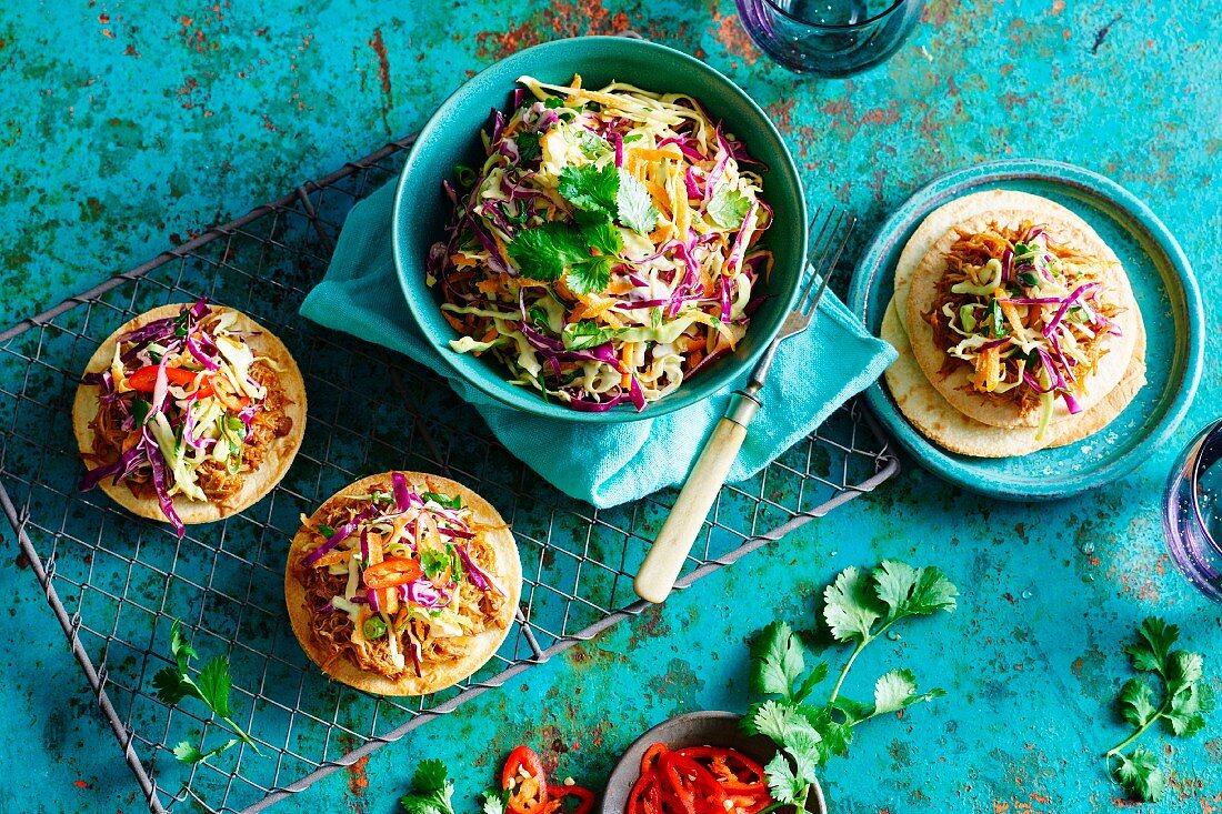Tostadas with pulled chicken and coleslaw