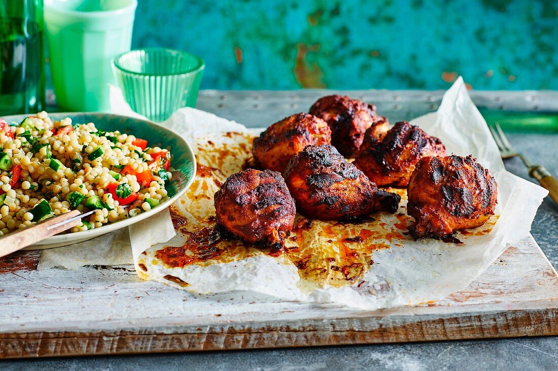 Smoked pepper chicken legs and a pearl barley salad