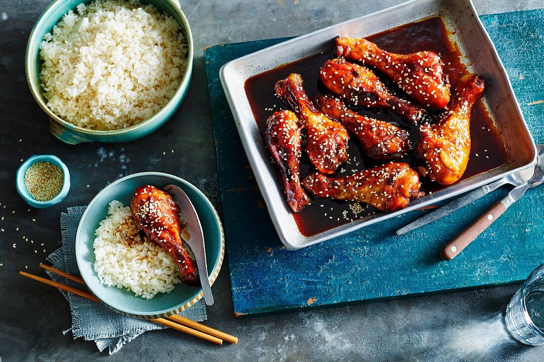 Chicken legs in a honey and soya sauce with coconut rice