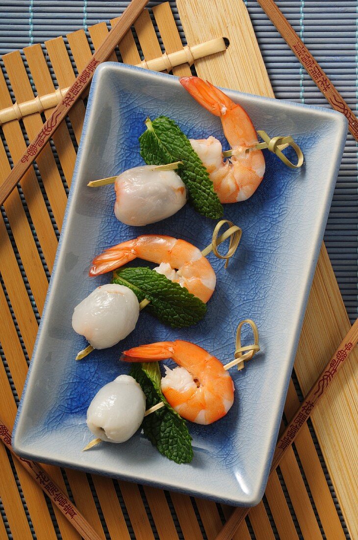 Lychee and prawn skewers with mint