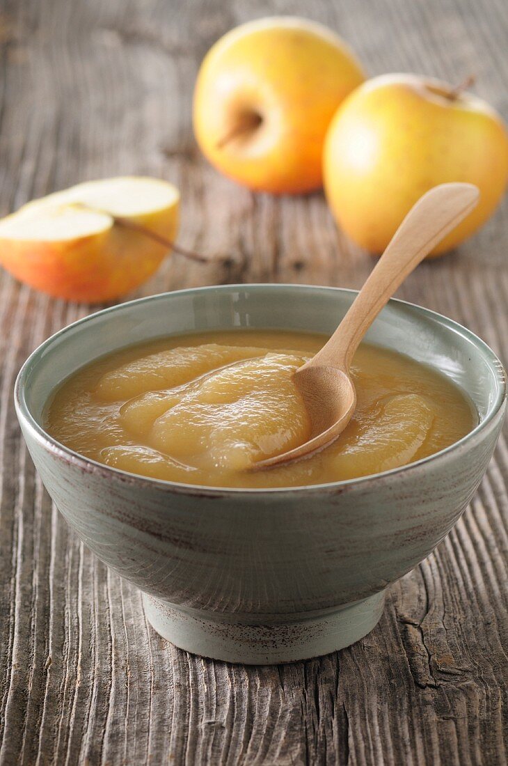 A bowl of apple sauce with a spoon