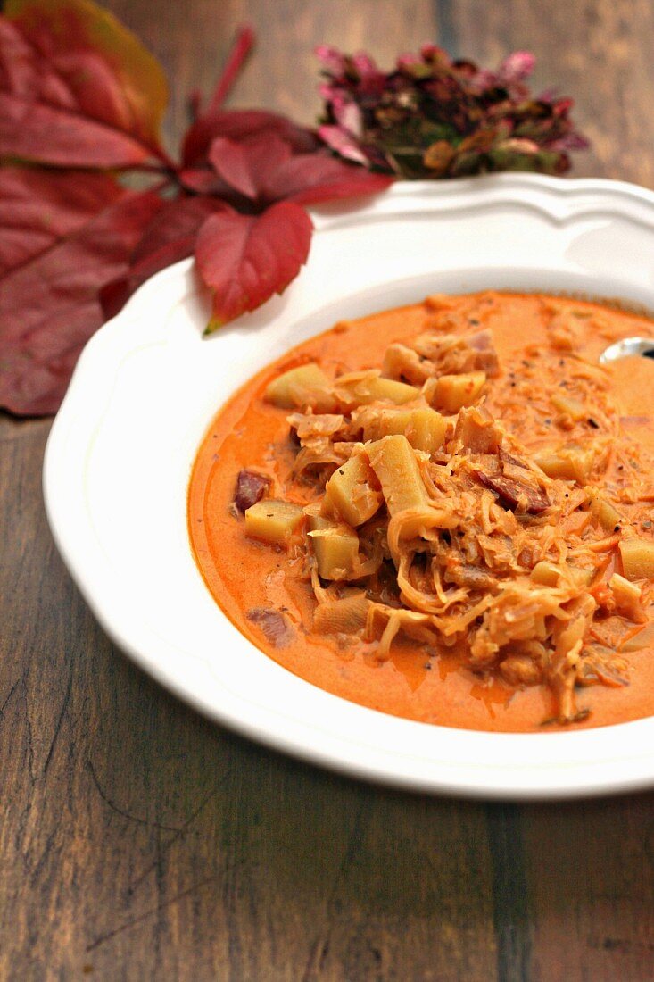 Autumnal sauerkraut soup with potatoes and chorizo