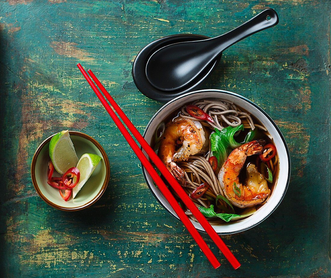Soba noodle soup with prawns (Asia)